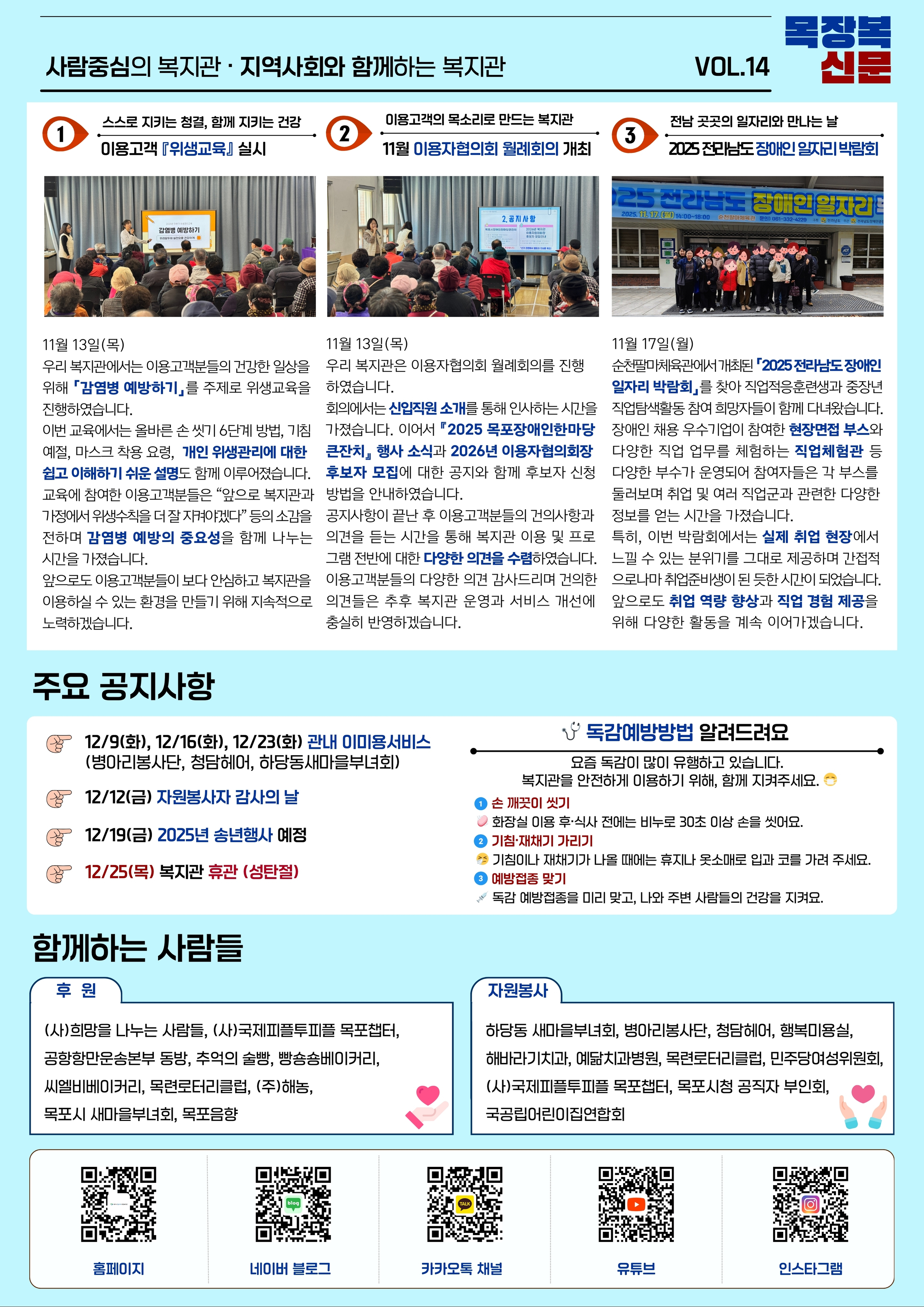 목장복신문 제14호 2면으로, 상단에는 사람중심의 복지관·지역사회와 함께하는 복지관이라는 제목 아래 1 스스로 지키는 청결, 함께 지키는 건강을 주제로 한 이용고객 위생교육, 2 이용고객의 목소리로 만드는 복지관인 11월 이용자협의회 월례회의, 3 전남 곳곳의 일자리를 만나는 날인 2025 전라남도 장애인 일자리 박람회 방문 소식이 각각 사진과 기사 형식으로 실려 있다. 중간에는 12월 관내 이미용서비스 일정, 자원봉사자 감사의 날, 송년행사 예정, 성탄절 휴관 등 주요 공지사항이 아이콘과 함께 정리되어 있고, 오른쪽에는 요즘 유행하는 독감을 예방하기 위한 손 씻기, 기침 예절, 예방접종 등 수칙을 안내하는 독감예방법 알려드려요 박스가 있다. 하단에는 후원 단체와 자원봉사 단체 명단이 적혀 있으며, 맨 아래 줄에는 복지관 홈페이지, 네이버 블로그, 카카오톡 채널, 유튜브, 인스타그램으로 연결되는 다섯 개의 QR코드가 가로로 나열되어 있다.